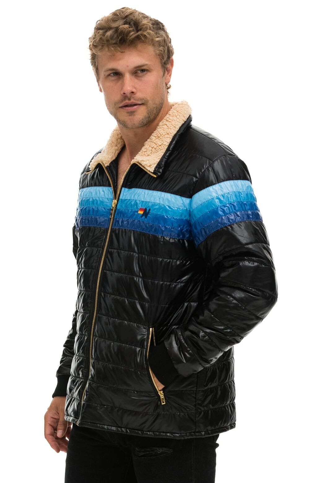 4 STRIPE JACKET - GLOSSY BLACK // BLUE - Image 2