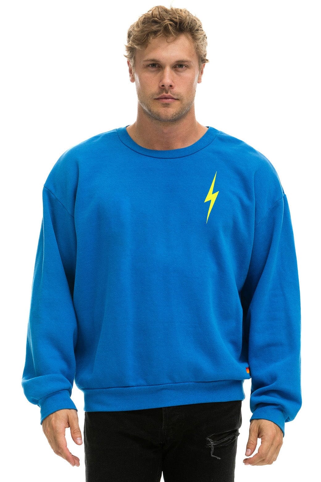 BOLT STITCH RELAXED CREW SWEATSHIRT - OCEAN // NEON YELLOW - Image 2