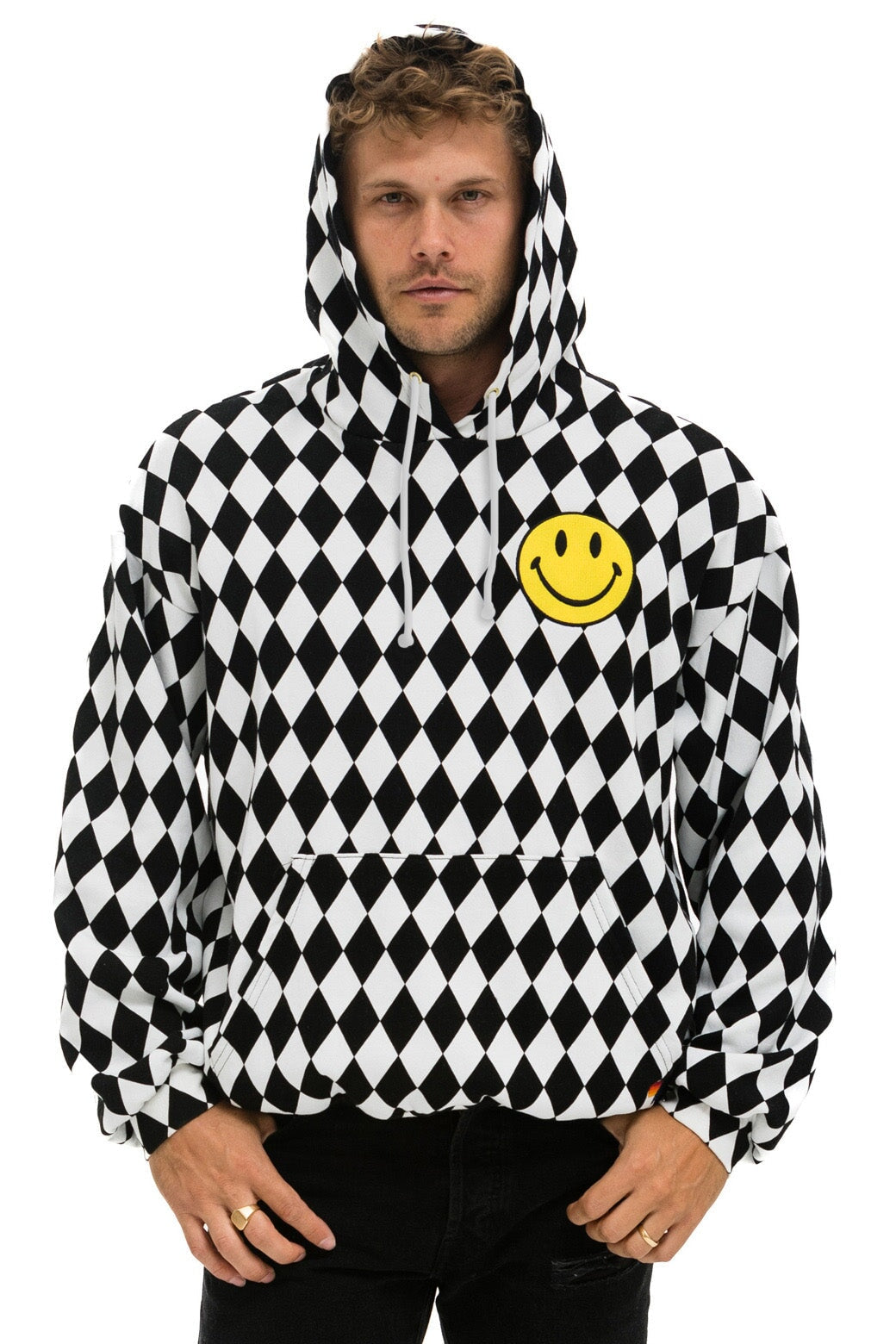 DIAMOND SMILEY 2 EMBRIODERY RELAXED PULLOVER HOODIE - WHITE // BLACK - Image 2