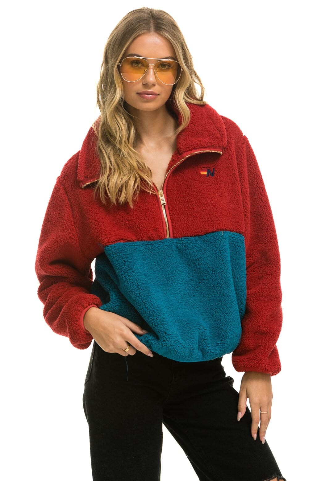 TEDDY APRES HALF ZIP COLOR BLOCK JACKET - CHERRY - Image 3